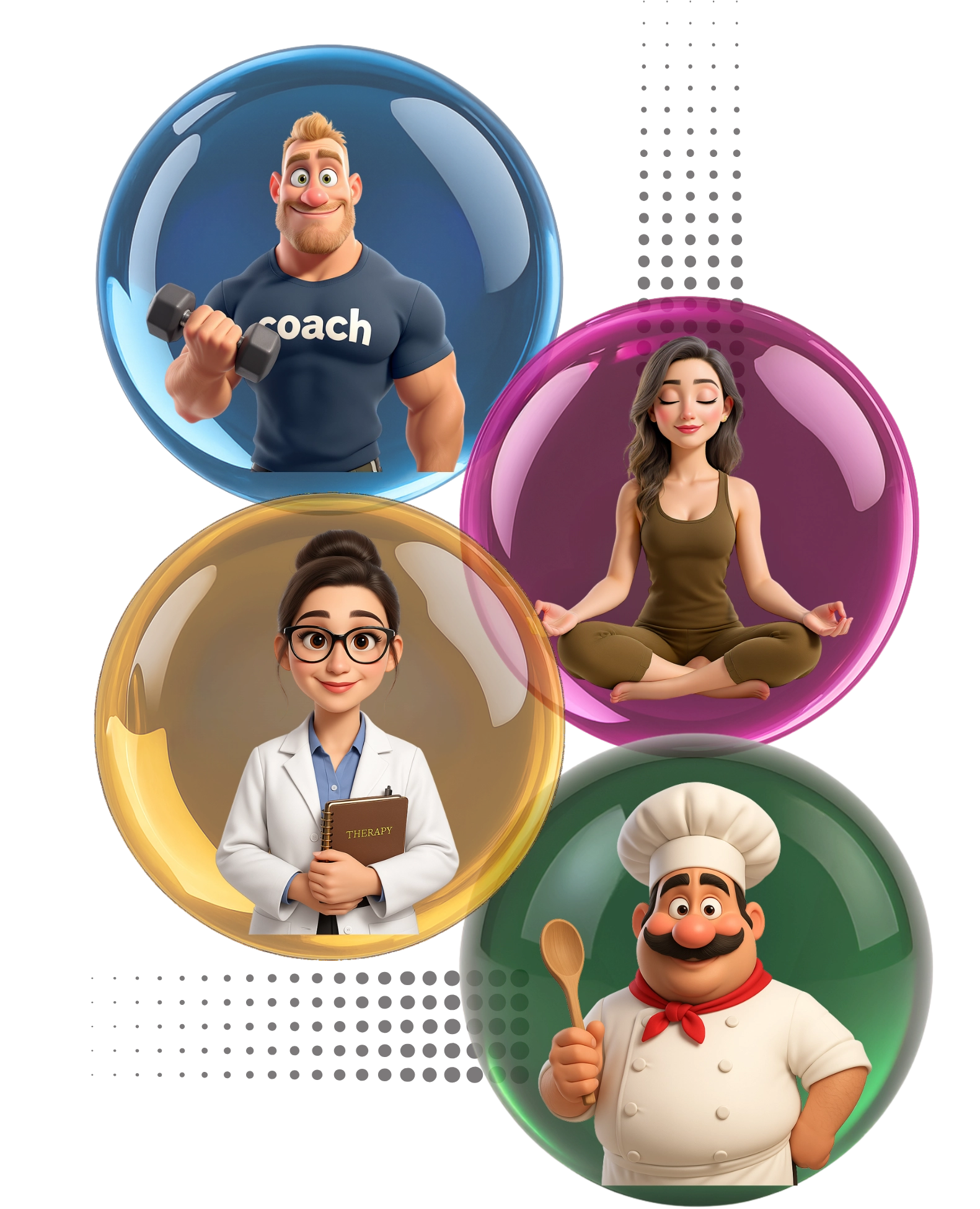Los 4 coaches de IA de Quatraia en burbujas de colores